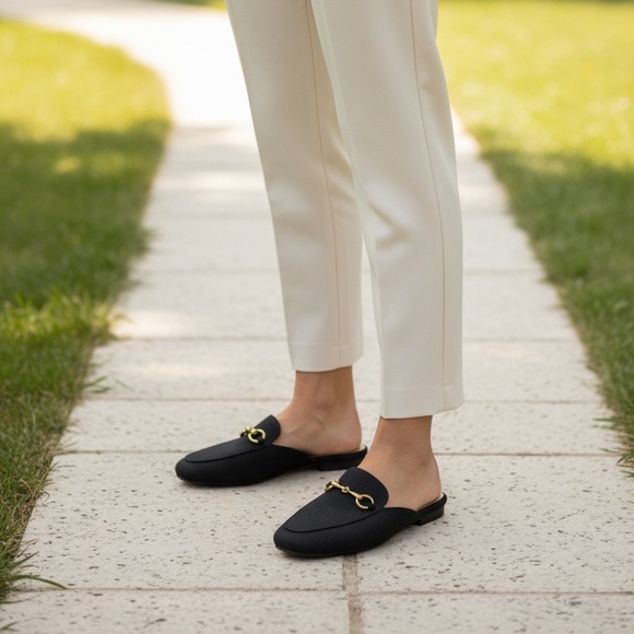 Black and Gold Flat Loafers with Metallic Accent - Picture 2 of 5